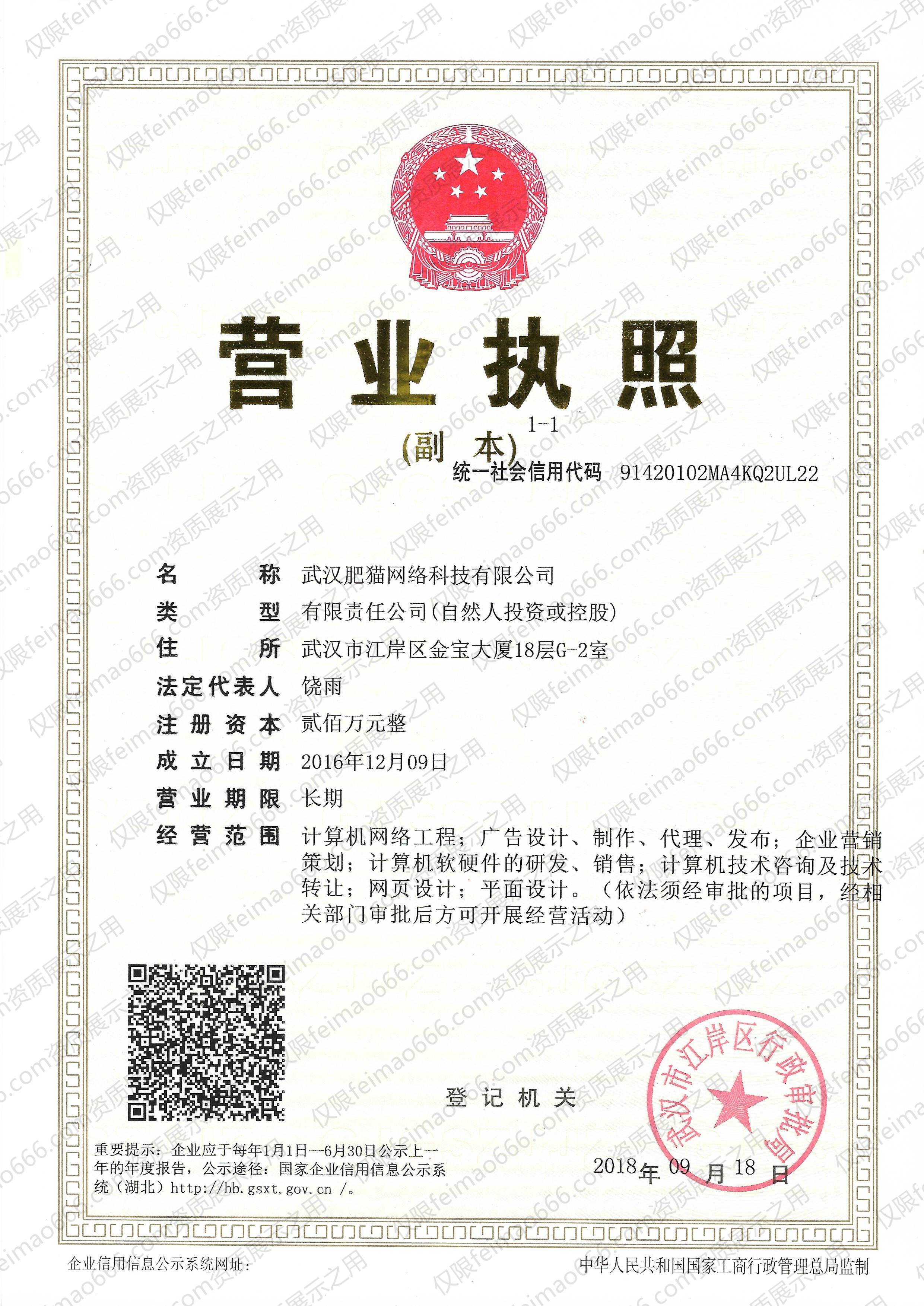 武漢肥貓網(wǎng)絡科技有限公司營業(yè)執(zhí)照